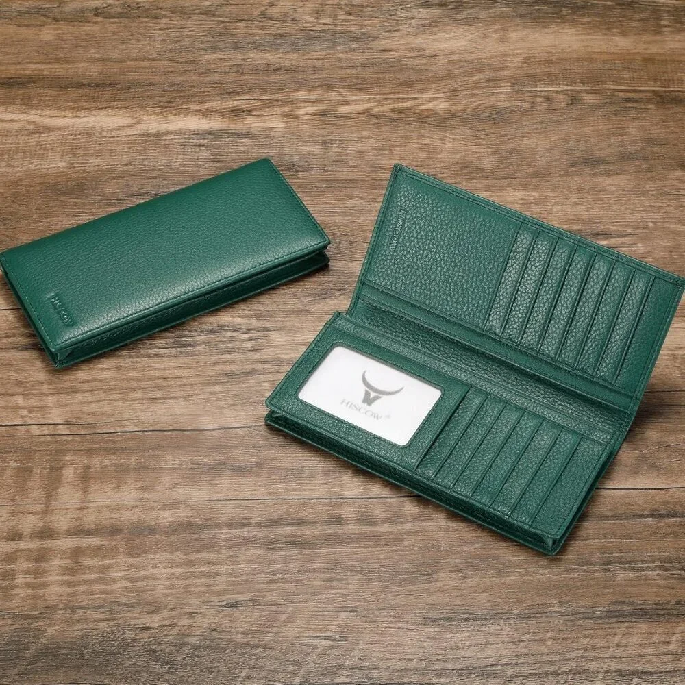 Men's Dark Green Full Grain Leather Long Bifold Wallet Credit Card Slots Style